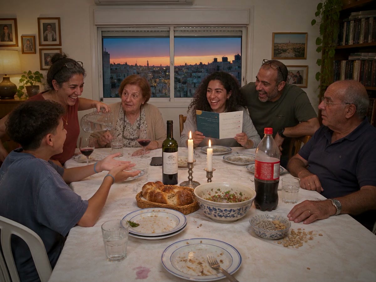 משפחה סביב שולחן שישי, הבחורה קוראת מהעלון