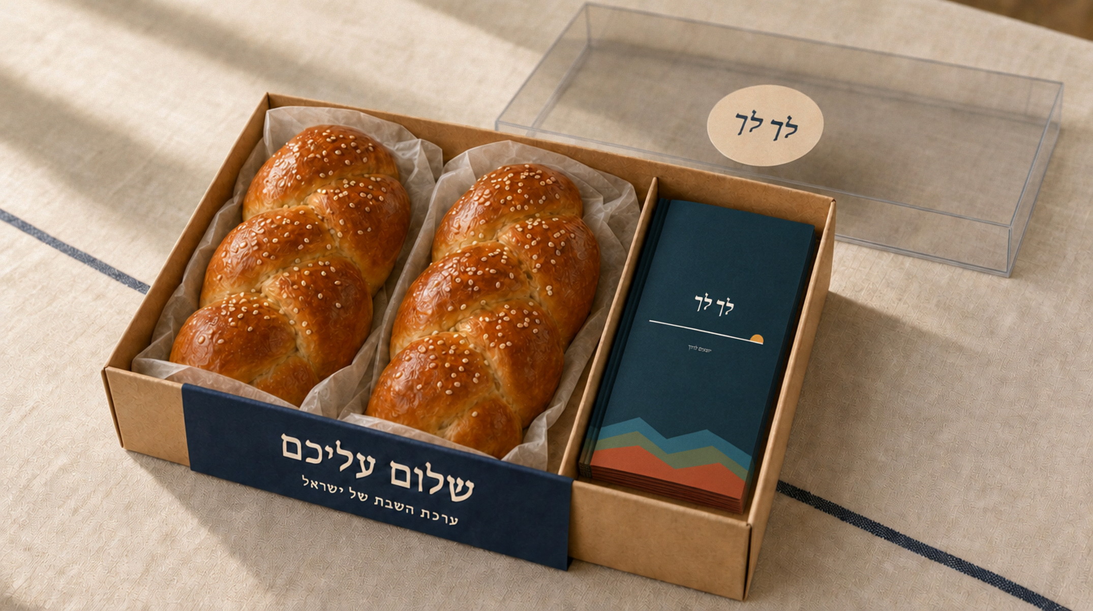 ערכת השבת פתוחה: שתי חלות, והעלון המקופל של לך לך